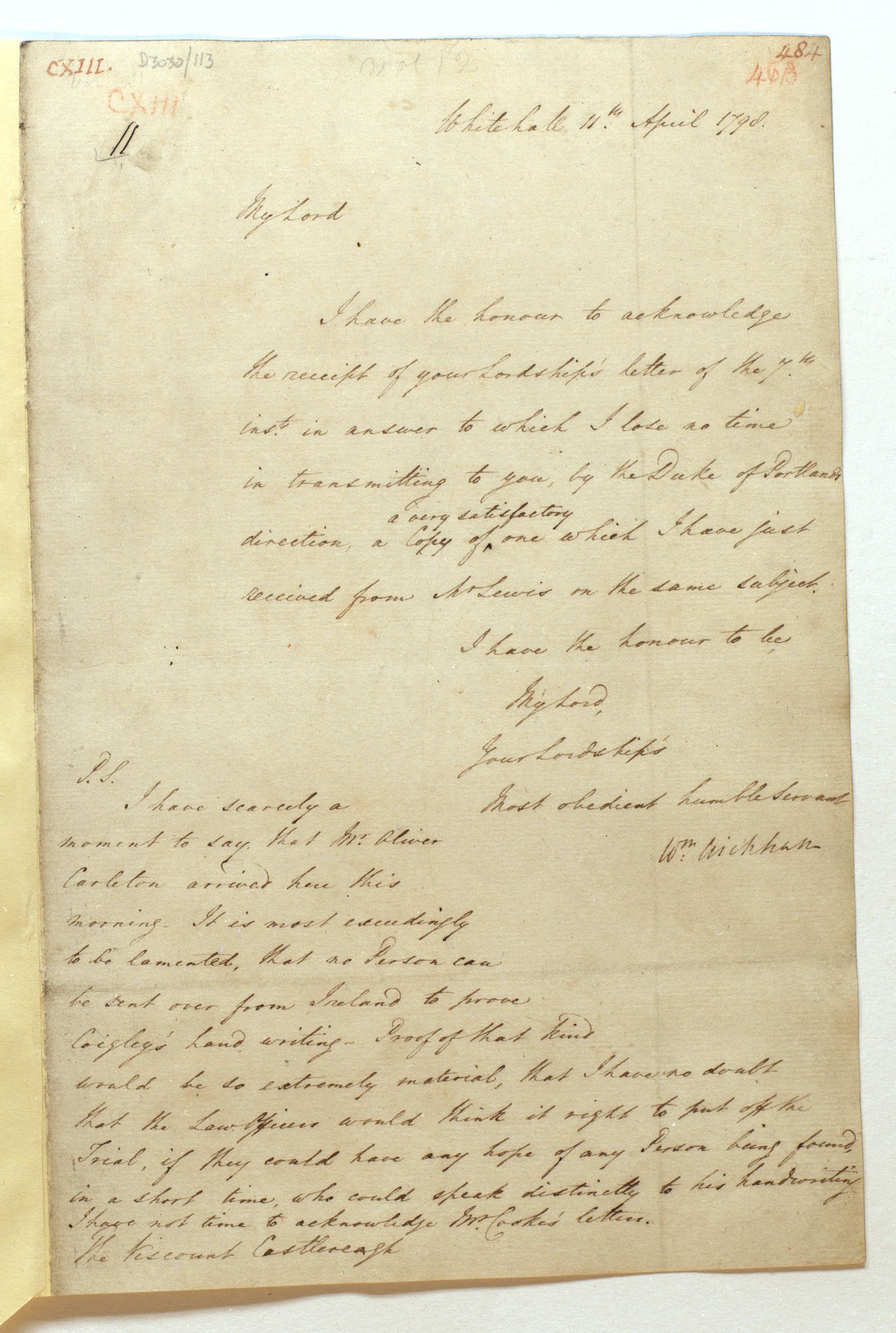 Letter from William Wickham to Castlereagh