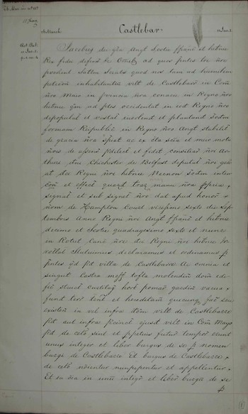 Charter granted at Hampton Court for Castlebar, County Mayo, to John and Henry Bingham, John Paulet, Francis Ascue, Robert Chippe, Theobald Burke, Thomas Benfield, George Thorne, John Thorne, Henry Thorne, William Billingham, Thomas Wade, Jon Bale, Henry Rutter and Daniel Moore