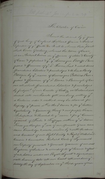 Renewed charter for Cavan, County Cavan naming Luke Reyley as sovereign, Robert Finlay and Alexander McCleland (both merchants) as portrieves and the following nominated as burgesses: Edmond Reyley, Philip Reyley, Thomas Fleming, Miles Reyley, John Reyley, Francis Burke, Hugh Reyley, Richard Brady, Charles Reyley, Robert Finlay, Alexander McCleland, John Sheridan, John Rice (innkeeper) and Edmond Lynch