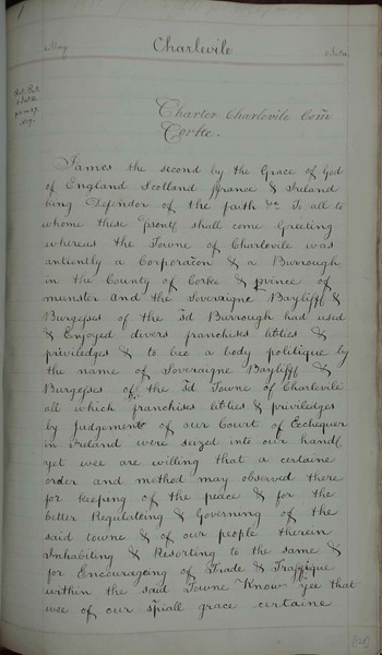 Renewed charter for Charleville, County Cork appointing as burgesses David Nagle, Peirce Nagle, Richard Nagle of Killavilling, John Lacy, John Baggot jnr, John Fitzgerald, John Nagle, Francis Garvan, James Roch of Ballydawke, James Nagle, George Hennessy, Connell O'Connell and Thomas Lavallin