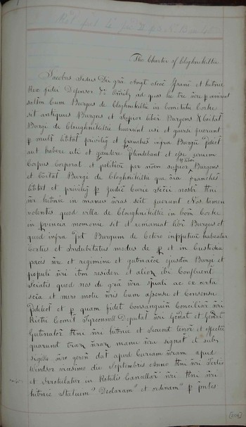 Renewed charter for Clonakilty, County Cork, naming as burgesses Charles McCartymore, John Barry, Florence McCarty, Francis Townshend, Richard Hungerford, Thomas O'Hea, Thady Crowley, Edward Inkins, Ephiam Allen, Robert Casey, John Roche, Joseph Clifford, Donnogh Carty, John Donoghue, Donogh Carty jnr, James Bary, William O'Hea, Francis Crowly, Daniel Crowly, Phelim McCarty and Henry Heasfore. Oath to King James II is recited in English